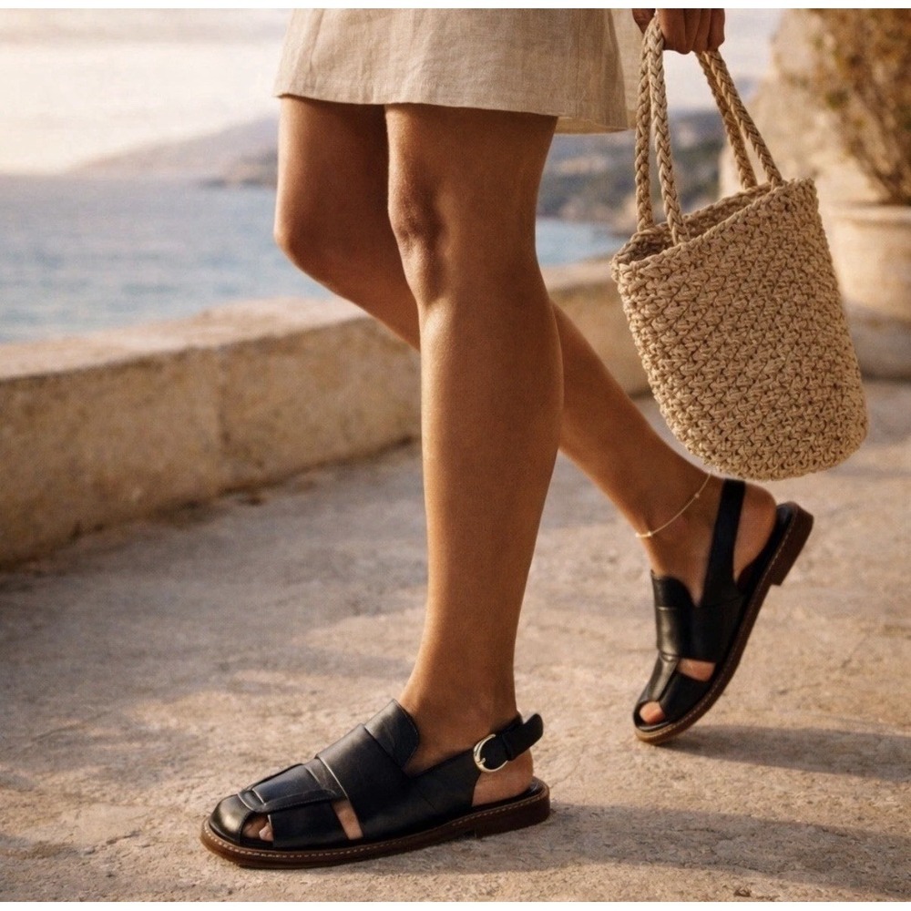 Free People Libby Leather Slingback Fisherman Sandals Black 9.5